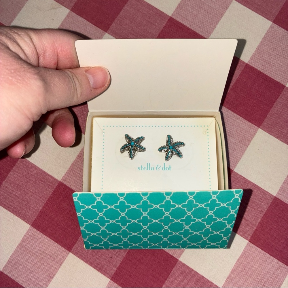 New in box nib Stella & Dot Turquoise Starfish Studs silver plate blue great